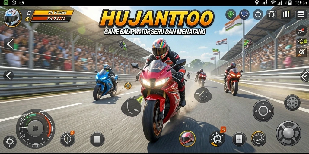Screenshot gameplay <strong>HUJANTOTO</strong> yang menunjukkan aksi balap motor yang seru.