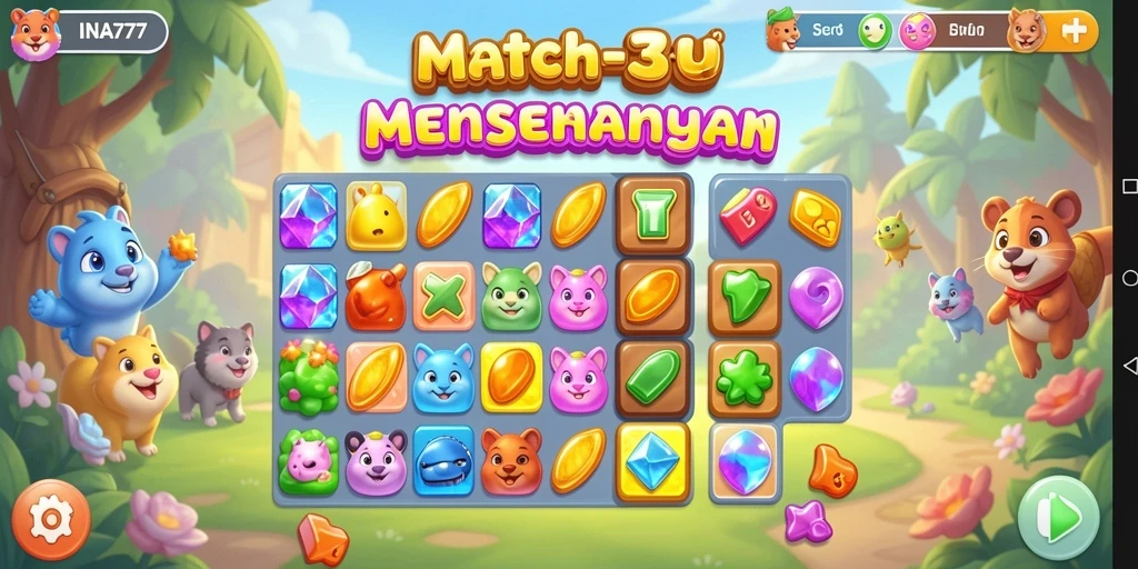 Tampilan gameplay Match-3 yang seru dan penuh warna.