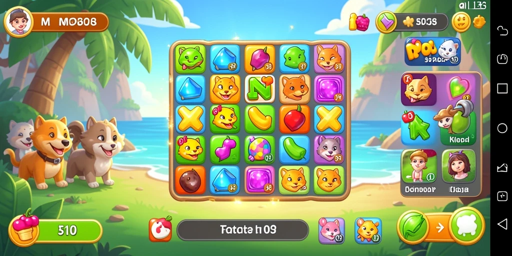Tangkapan layar MPO08 menampilkan gameplay seru dengan permata berwarna-warni.