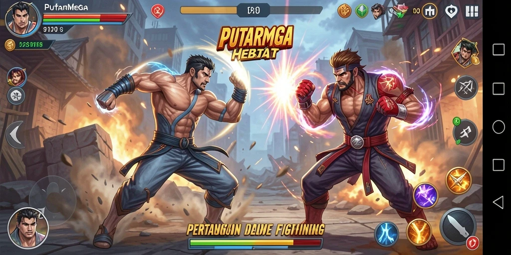 Screenshot PUTARMEGA menampilkan pertarungan seru antar karakter.