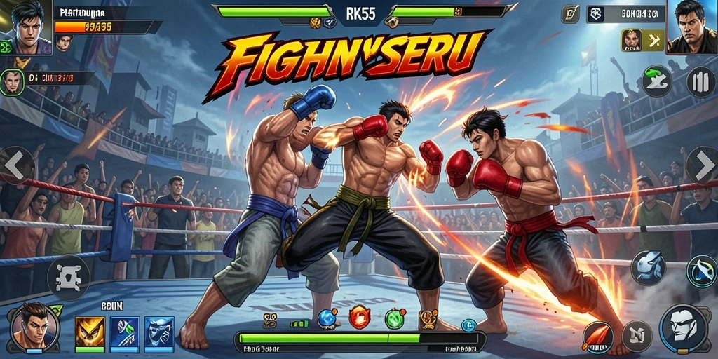 Gameplay seru RK55 dalam pertarungan Fighting yang intens.
